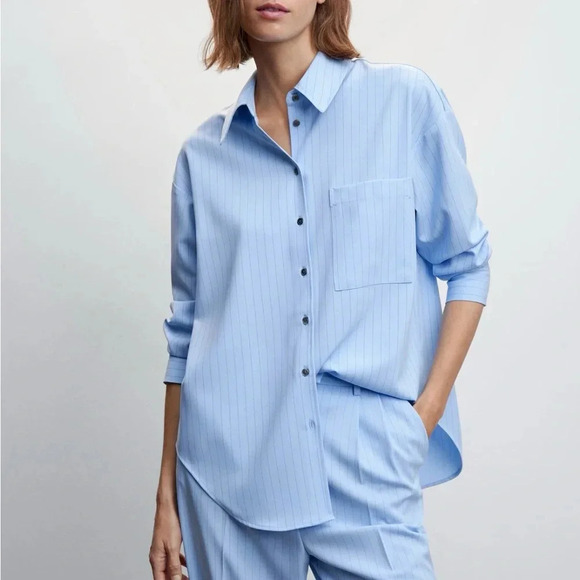 Mango Pants Set Blue Stripe Boyfriend Casual M - Picture 1 of 7